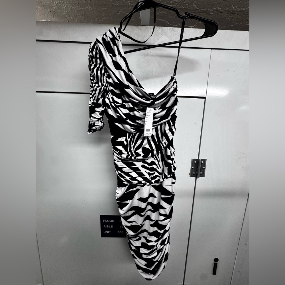 bebe Black and White One-Shoulder Zebra-Print Dress